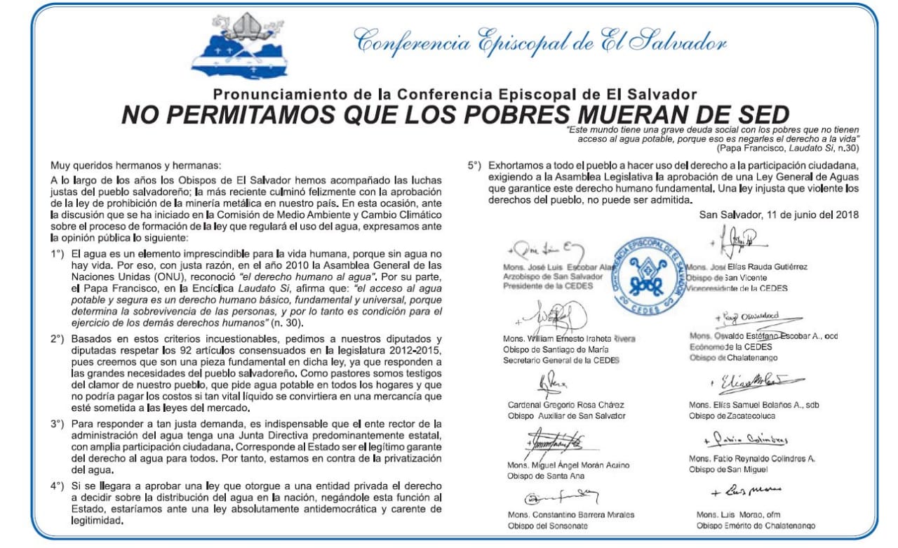 Pronunciamiento Obispos sobre el agua